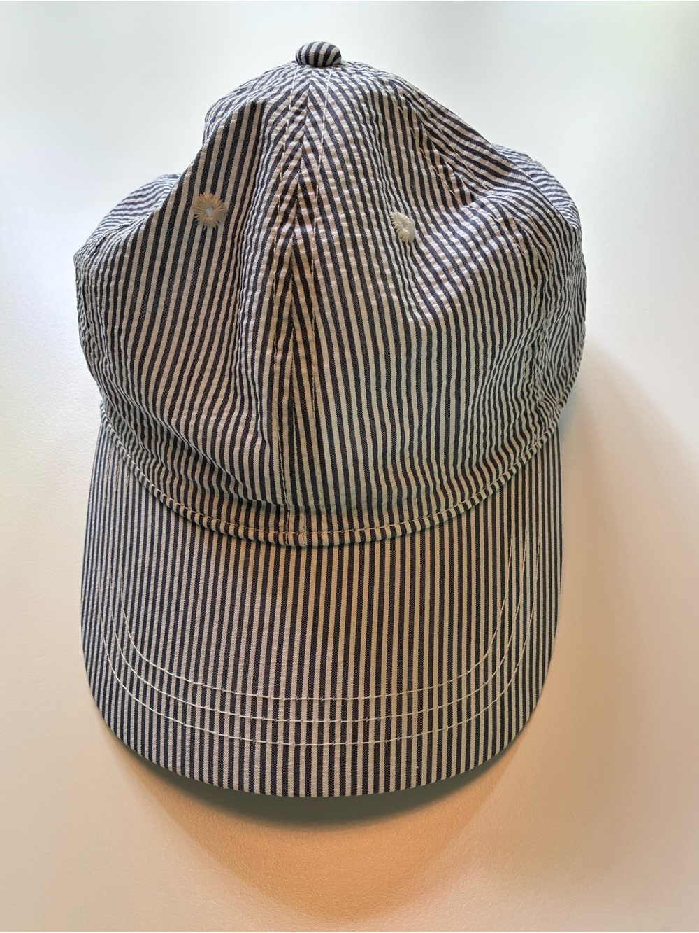 J. Crew Navy and White Striped Seersucker Cotton Baseball Cap. One Size.